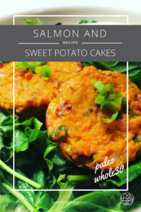 salmon and sweet potato cakes over greens