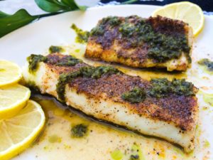 Recipe: Cajun Roasted Cod with Lemon, Cilantro Sauce | Paleo, Whole30, Low-Carb | by Candace Kennedy