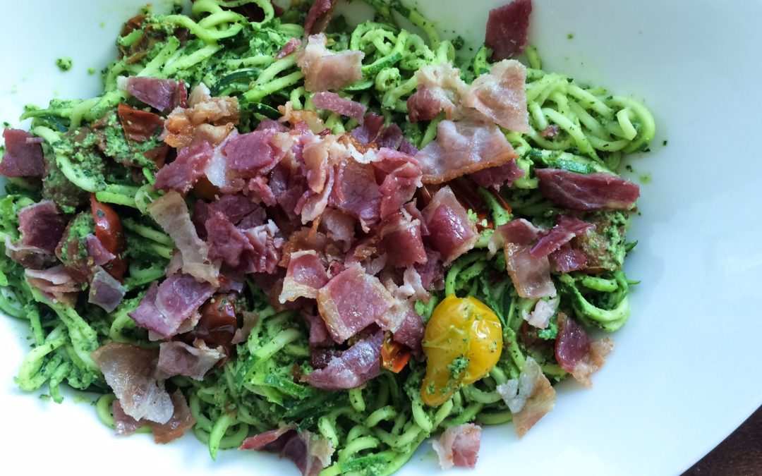 Kale Pesto Zoodles with Roasted Cherry Tomatoes and Bacon