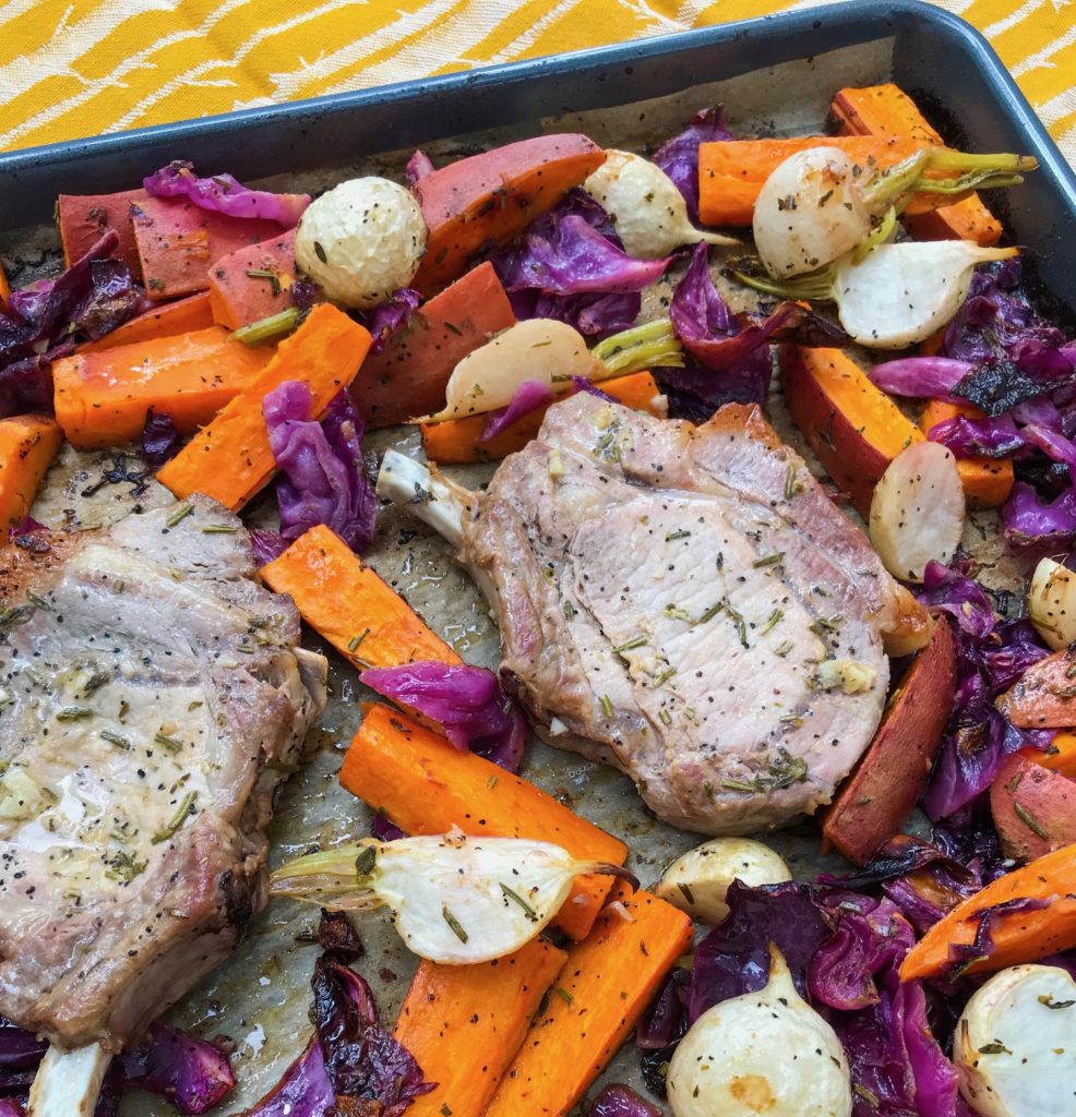 Sheet Pan Pork Chops & Winter Vegetables | Paleo, Whole30, Low-Carb | The Real Food Effect by Candace Kennedy, Certified Nutritionist