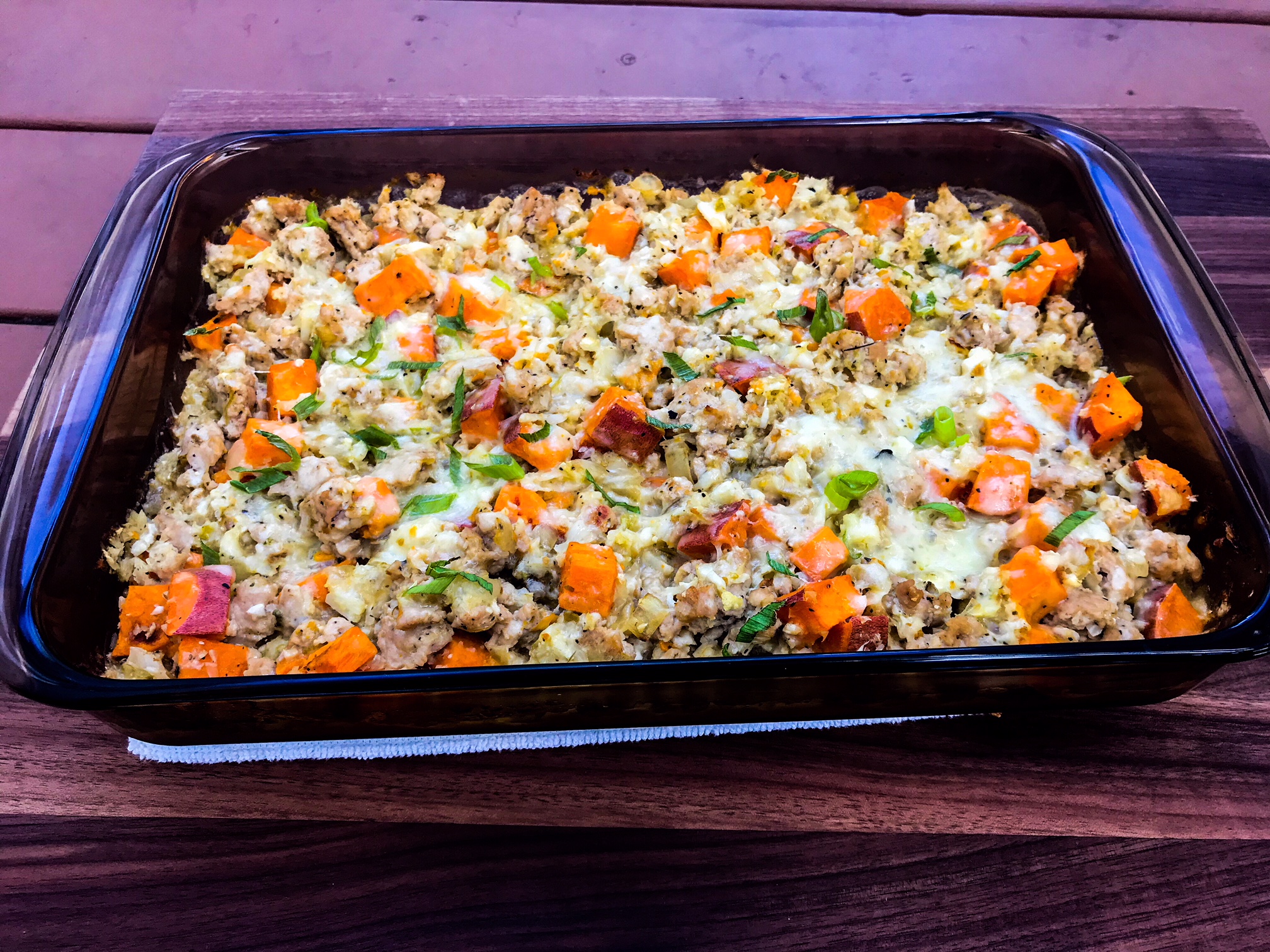 Turkey Tomatillo Casserole (with Riced Cauliflower and Sweet Potatoes)